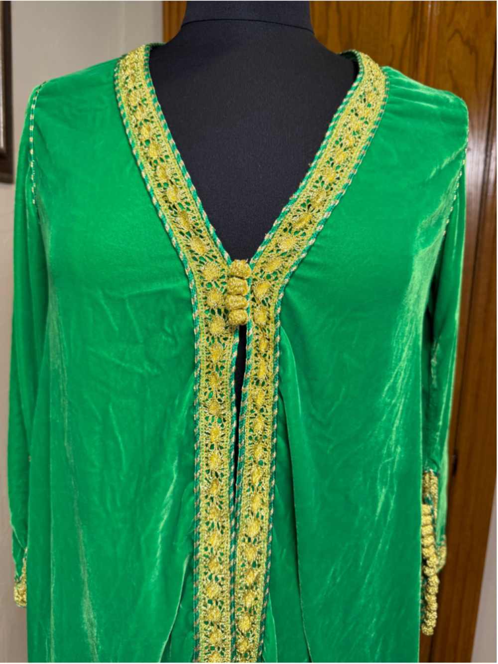 Emerald Green Velvet Kaftan Caftan Gold Metallic Trim Small - Picture 3 of 10